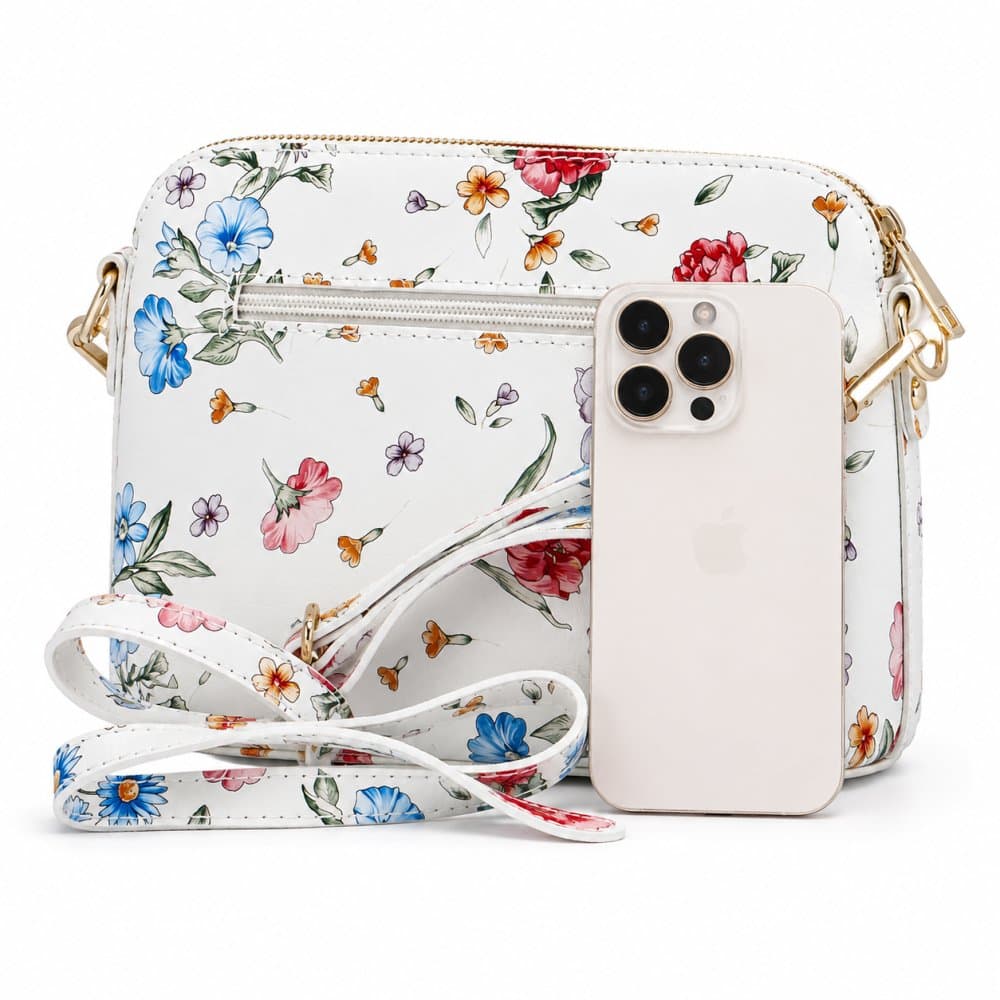 MaxFly Malá kožená crossbody kabelka 52321 bílá s květy 2
